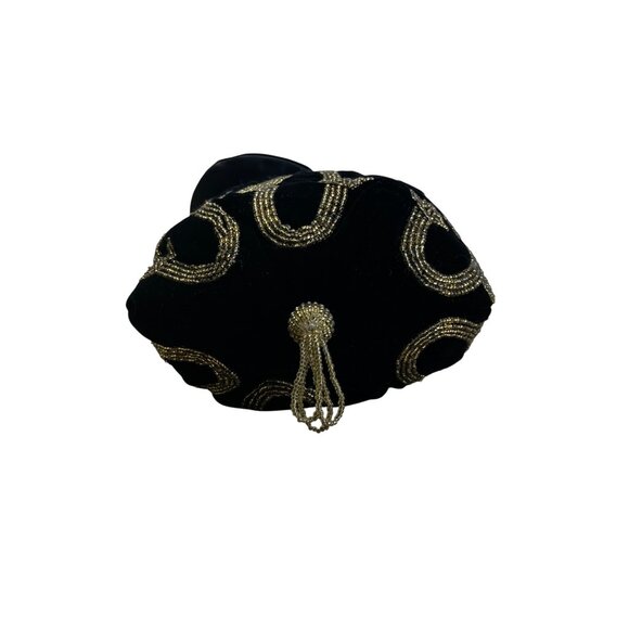 Black Velvet Drawstring Pouch Bag With Gold Beaded Design & Braided Shoulder Str - Picture 5 of 9